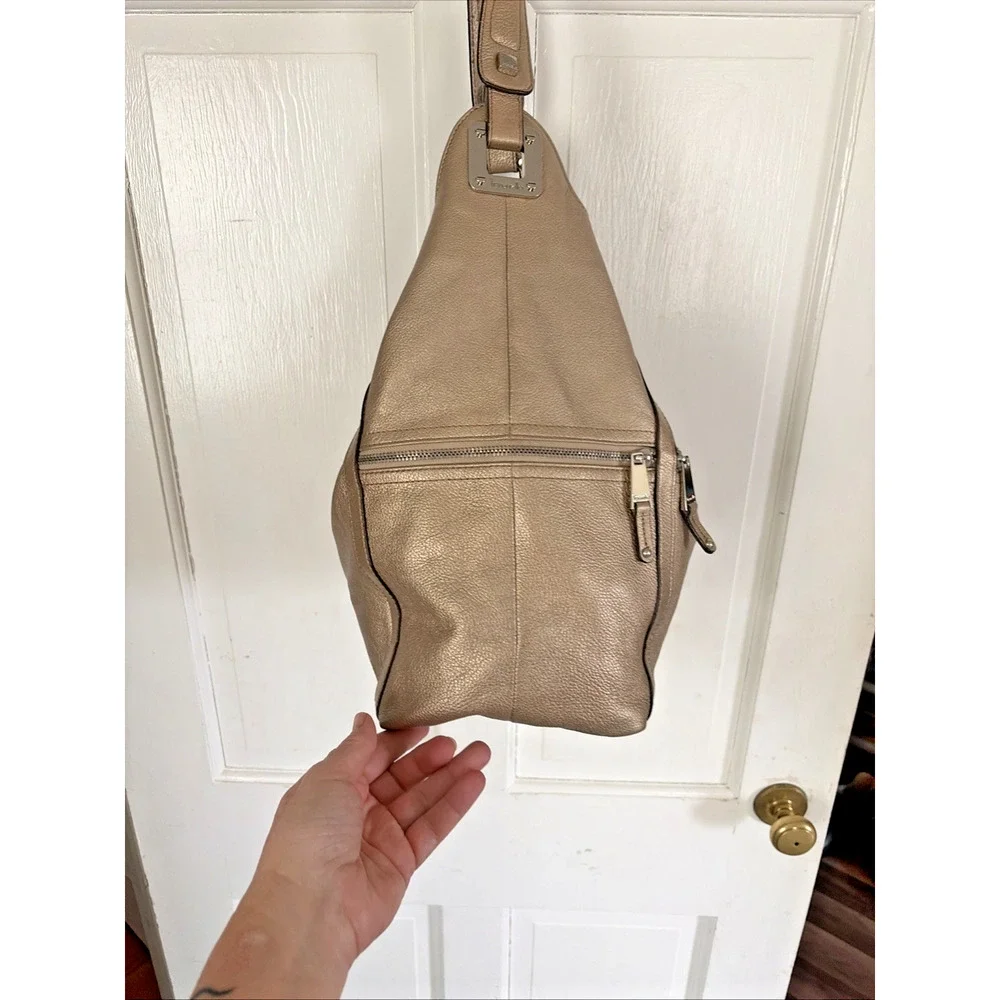 Tignanello Hobo Bag Purse Large Champagne Pebbled Leather Gold Jewel Tone Luxury